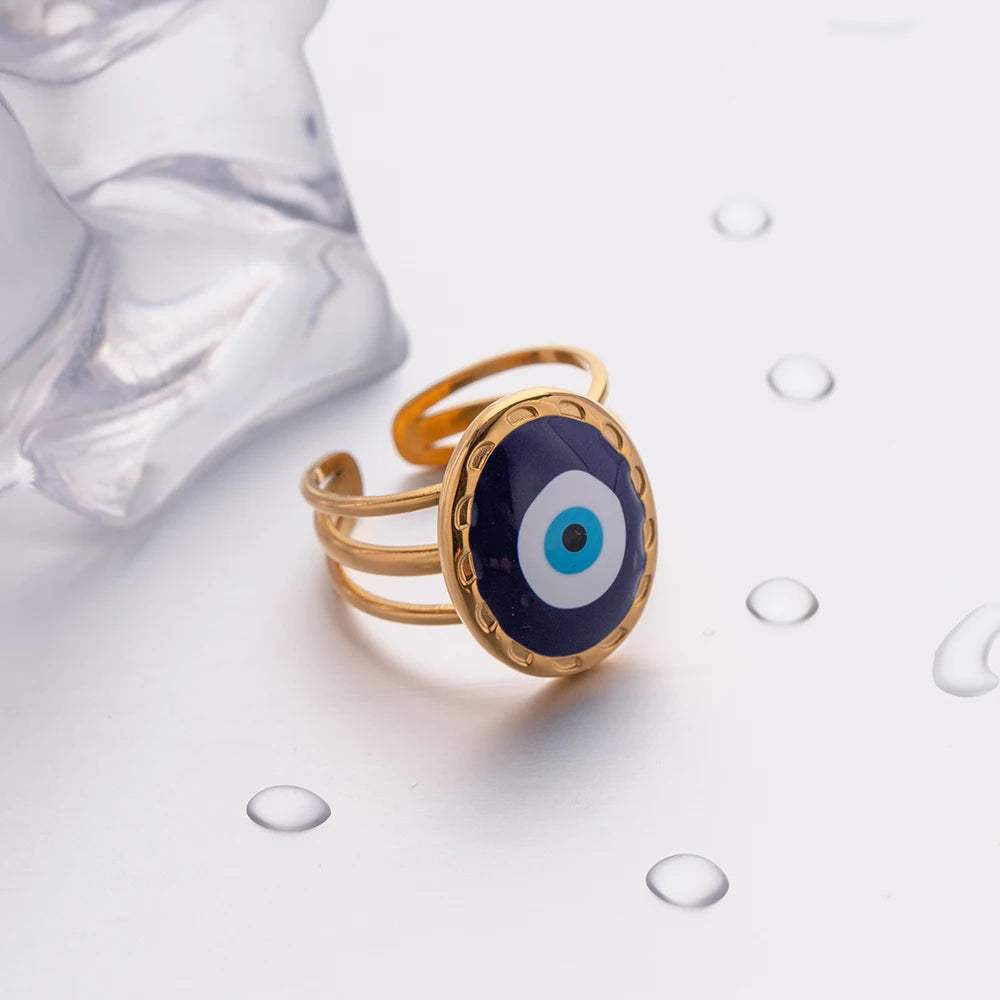 J&D Jewelry 18K Gold Plated Three Layer Eye Ring Stainless Steel Blue Enamel Evil Eyes Stacking Rings