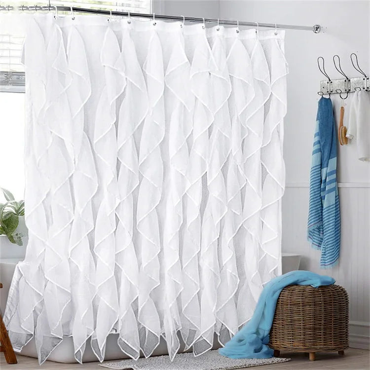Elegant Farmhouse Double Waterproof Fabric Shower Curtains Chiffon White Ruffle Shower Curtain for Bathroom