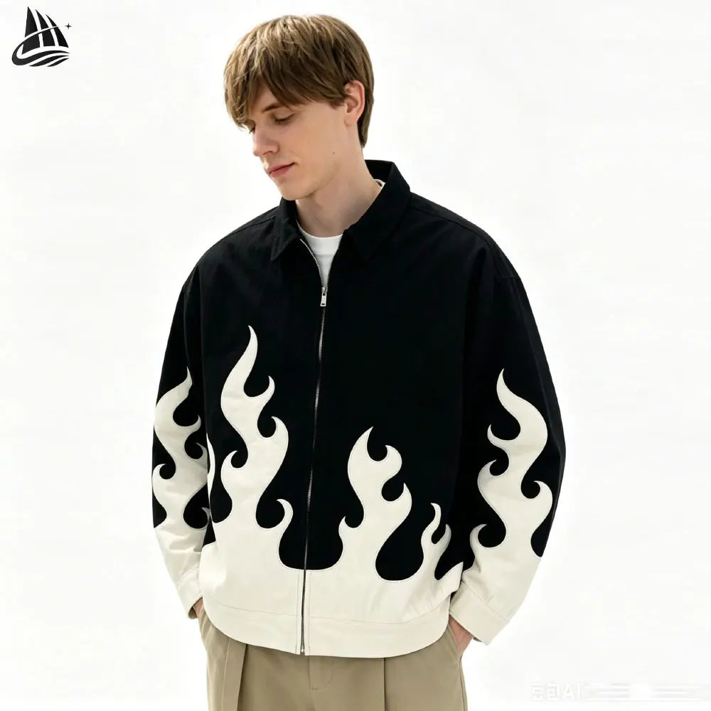 Custom Shirt Collar Zip up Flame Patch Design Two Tone Corduroy Jacket for Men