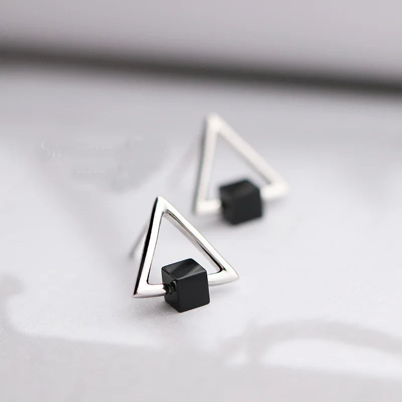 S925 Trendy Korean Fashion Geometric Triangle Black Earrings Gold Plated Sterling Silver Jewelry with Joker Design