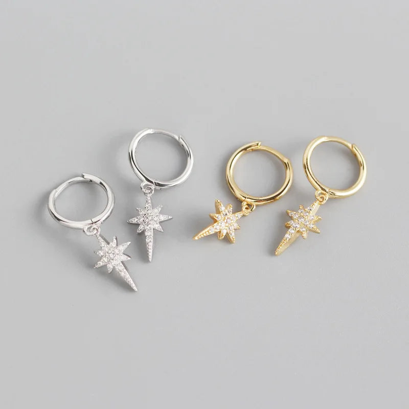 Lanshang 925 Silver Earrings Hoop Classic Gold Plated Octet Star Pendant Earrings CZ Fine Jewelry for Women