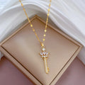 Luxury Gold Plated Sparkling Rhinestone Cubic Zirconia Lock Key Pendant Necklace Shiny Zircon Crown Stainless Steel Necklace