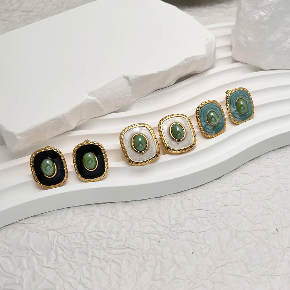 New Titanium Stainless Steel Stud Earrings Unique Square Colorful Enamel Inlay Natural Stone Elegant Steel Earrings for Women