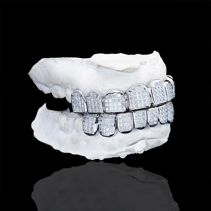 Custom Made 925 Sterling Silver Grills Princess Cut VVS Moissanite Endless Invisible Set Diamonds Gold Dental Teeth Grillz