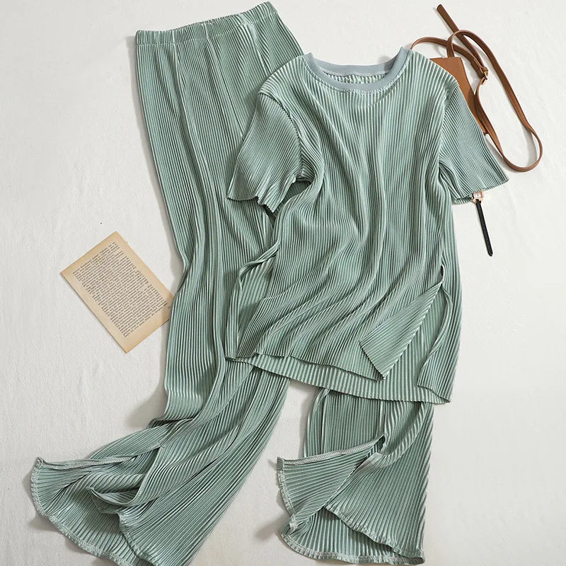 One Size Casual Set Summer New Style Round Neck T-shirt Top High Waist Split Wide Leg Pants Two Piece Set