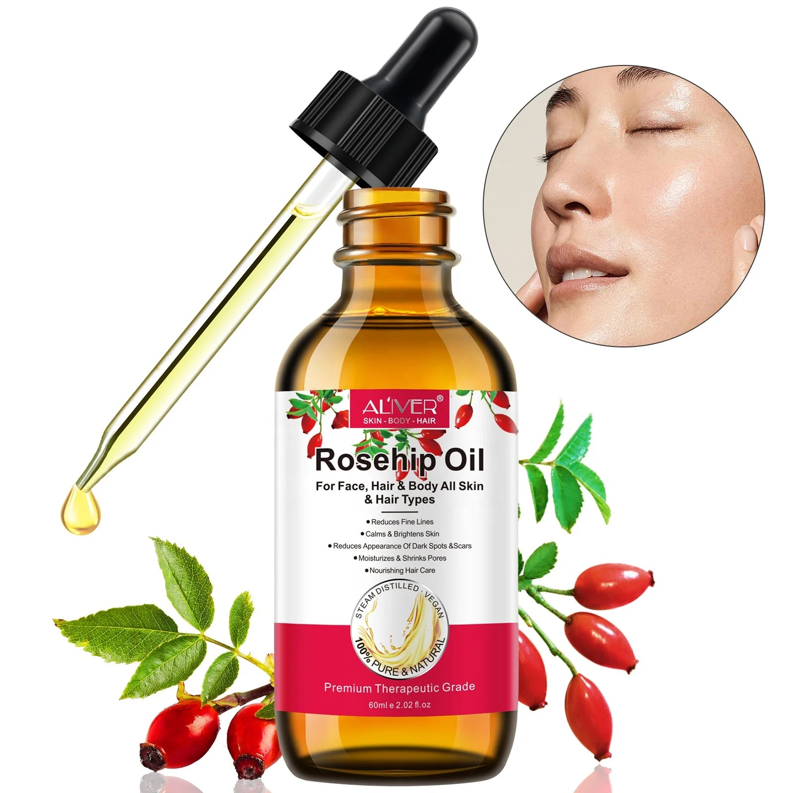 ALIVER 100% Pure Natural Moisturizing Body Hair Facial  Organic Cold Pressed Rosehip Oil