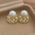Vintage Woven Metal Baroque Pearl Stud Earrings Gold Silver Plated Copper Fashion Jewelry for Women