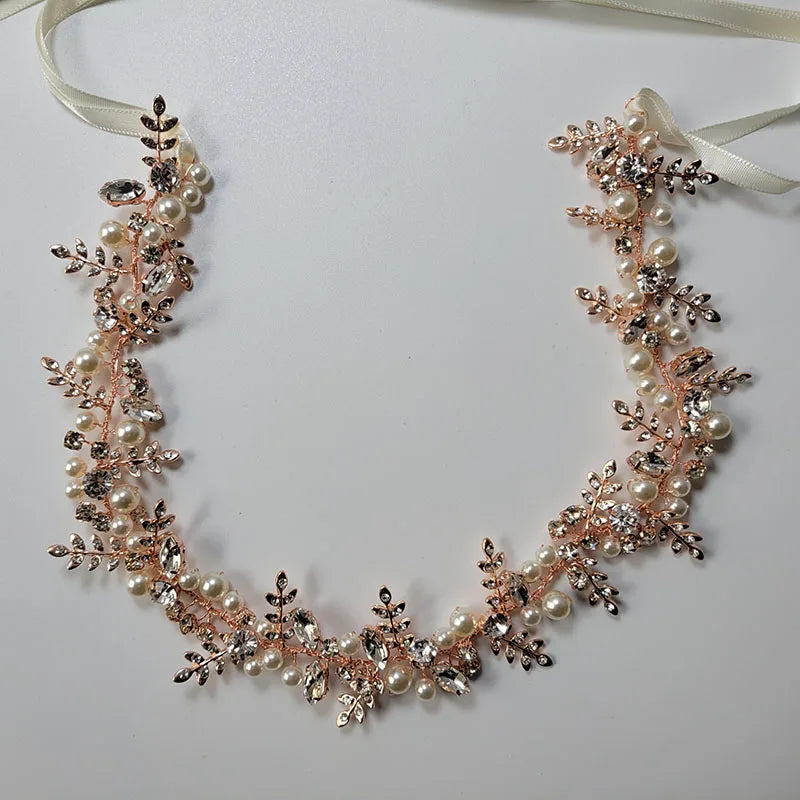 SLBRIDAL Handmade Ins Style Crystal Rhinestones Pearls Floral Bridal Headband Wedding Hair Accessories Hairband Women Jewelry