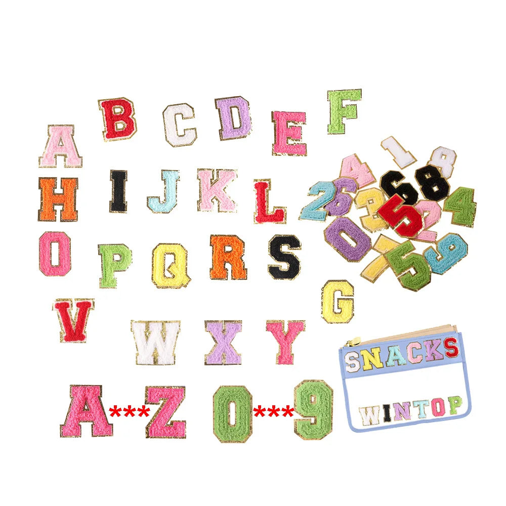 Hot Sale Bulk Stock 5.5cm 8cm Two Size Colored A-Z Alphabet 0-9 Shape Glitter Chenille Letter Number Patches for Handbag