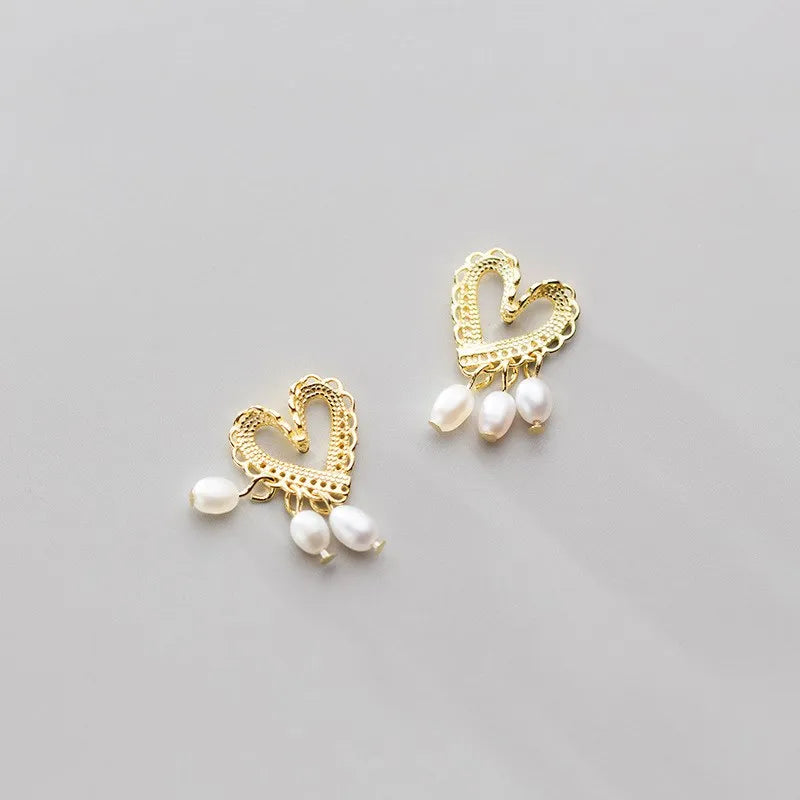 Statement Heart Shape with Freshwater Natural Pearls 18K Gold Plated 925 Sterling Silver Stud Earrings Fine Jewelry for Women