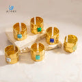 SUMMLY Vintage Wholesale Luxury Simple Turquoise 18K Gold Plated Stainless Steel Open End Ring Fashion Jewelry