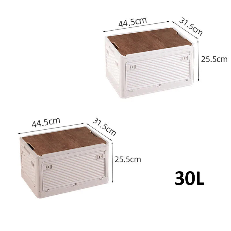 Eco Friendly PP Plastic Rectangle Injection Foldable Camping Storage Box with Wooden Lid 55L Capacity Carton Packed Outdoor Use