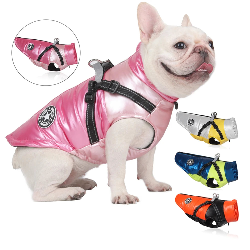 Cold Weather Elastic Belly Pink Glossy Cotton Padded Warm Waterproof Jacket Winter Puppy Small Dog Coat with Harness