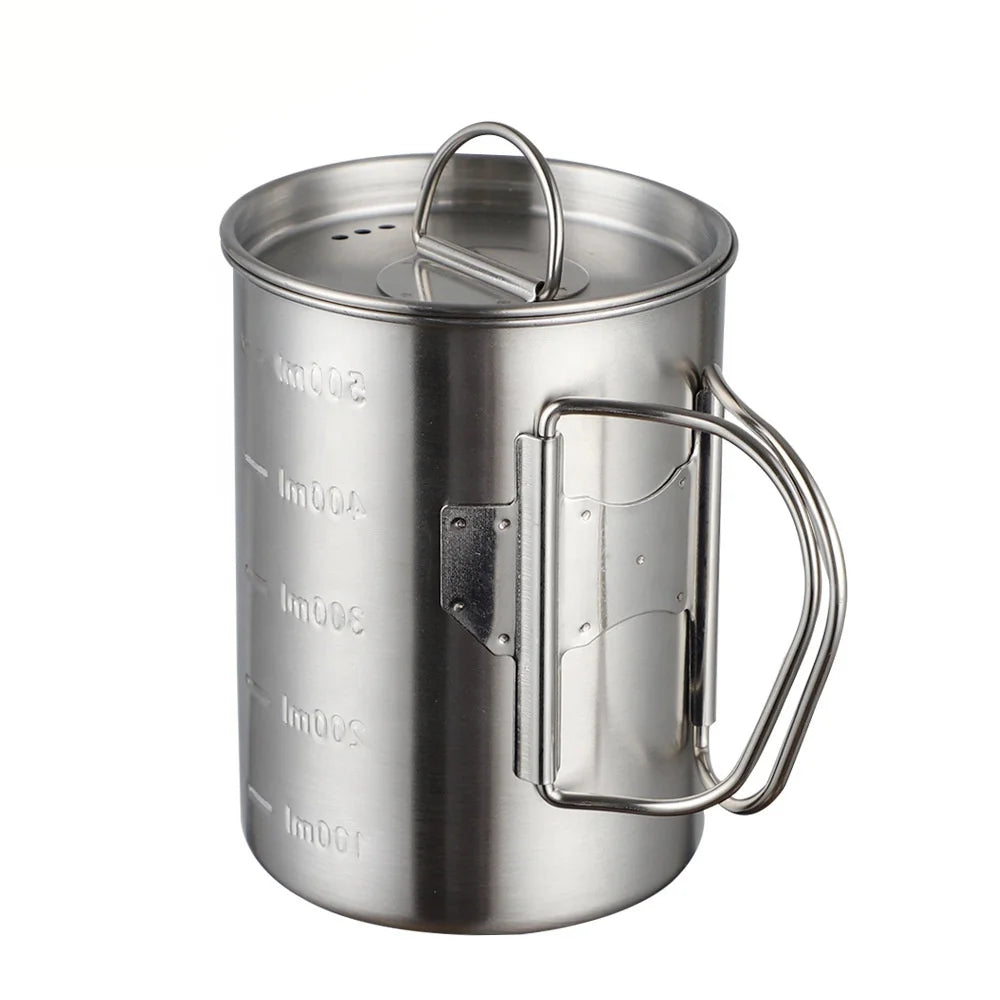350ml/500ml Stainless Steel 18/10 Outdoor Picnic Camping Measuring Drinking Coffee Mug with Folding Handle Lid