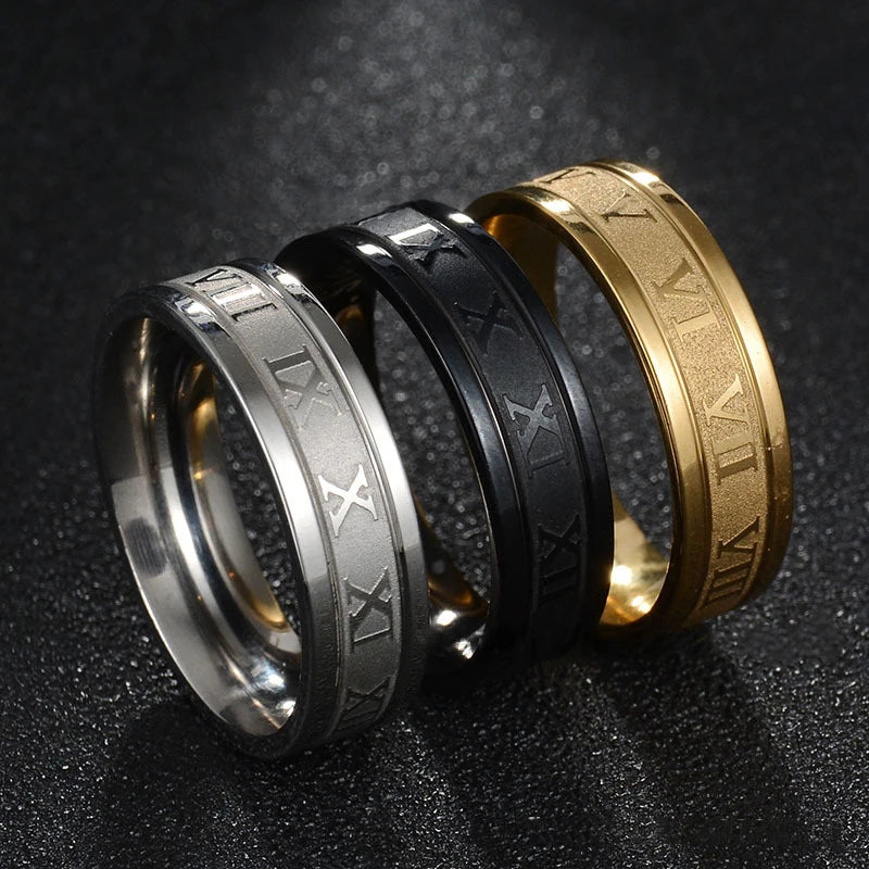 Douvei Fashion Jewelry Stainless Steel Wedding Band Ring Roman Numerals Gold Black Cool Punk Rings for Men Women