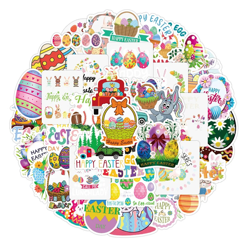 50pcs/bag Cartoon Easter Stickers Custom Vinyl Waterproof Easter Egg and Rabbit Stickers for Children Holiday Party Decoration