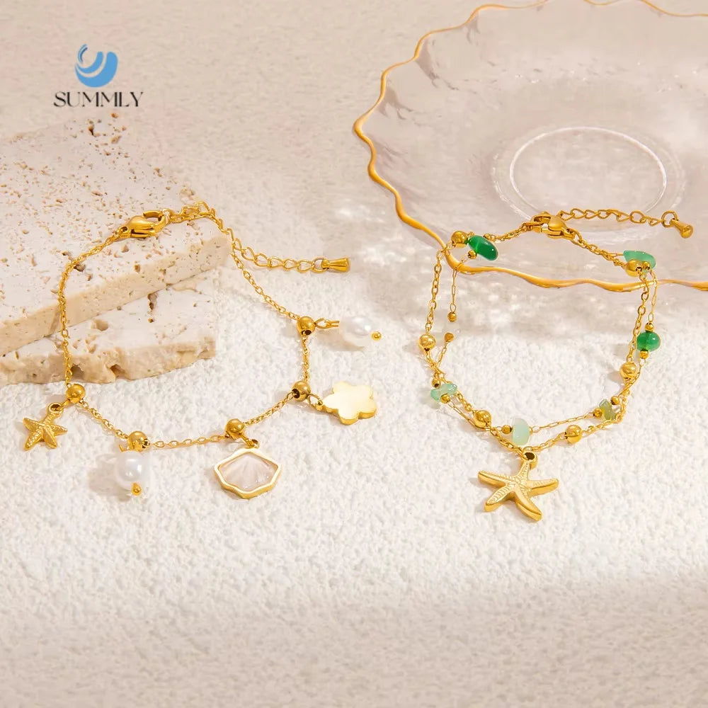 SUMMLY Trend Wholesale Creative Double Chain 18K Gold Plated Stainless Steel Starfish Charm Bracelet Fashion Jewelry