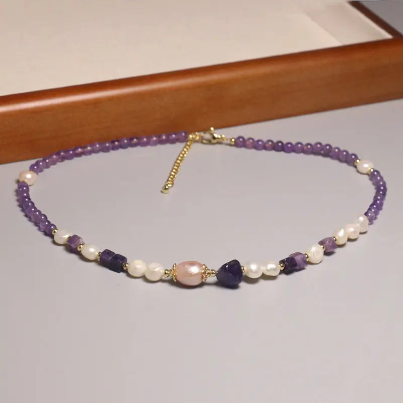 New Bohemia Style Natural Stone Choker Amethyst Beaded Clavicle Necklace Baroque Pearl Dainty Brass Jewelry for Women Girls Gift