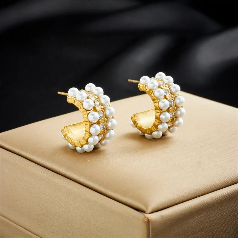 2023 New Non Tarnish 18k Pvd Gold Plated 316L Stainless Steel C Shaped Chunky Women Pearl Stud Earrings Jewelry