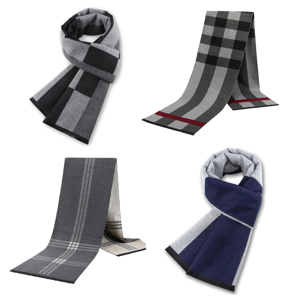 Men's Winter Fashion Classic Plaid Neckerchief Polyester Long Scarf Navy Blue Black Thick Warm Knitted Business Scarf Wholesale