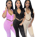 Custom Logo Summer New Style Women Fashion Short Sleeve Front Zipper Crop Top Full Pants Women Casual Two Pieces Set