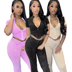 Custom Logo Summer New Style Women Fashion Short Sleeve Front Zipper Crop Top Full Pants Women Casual Two Pieces Set
