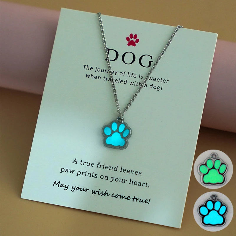 Fashion Green Blue Glow in the Dark Charm Luminous Pet Dog Paw Pendant Necklace Jewelry for Women
