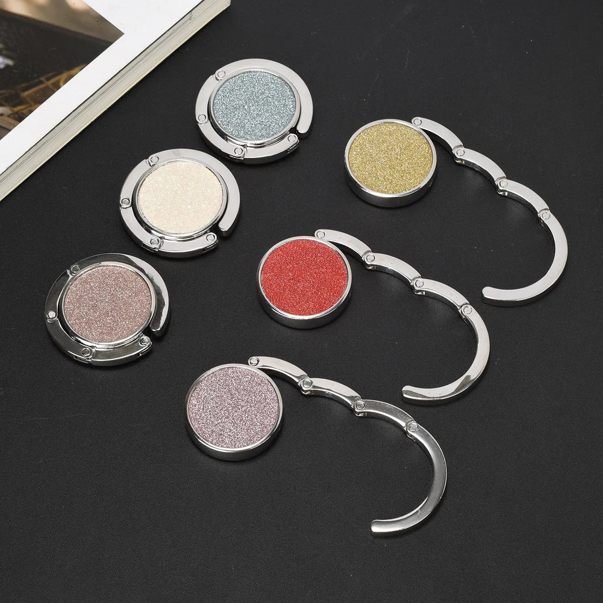 Wholesale Custom Logo Glitter Coated Zinc Alloy Foldable Bag Hook Portable Desk Table Handbag Holder Purse Hanger