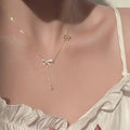 Double Rhinestone Bow Necklace Gold Plated Cross Chain Bow Round Pendant Necklace for Women