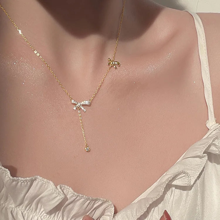 Double Rhinestone Bow Necklace Gold Plated Cross Chain Bow Round Pendant Necklace for Women