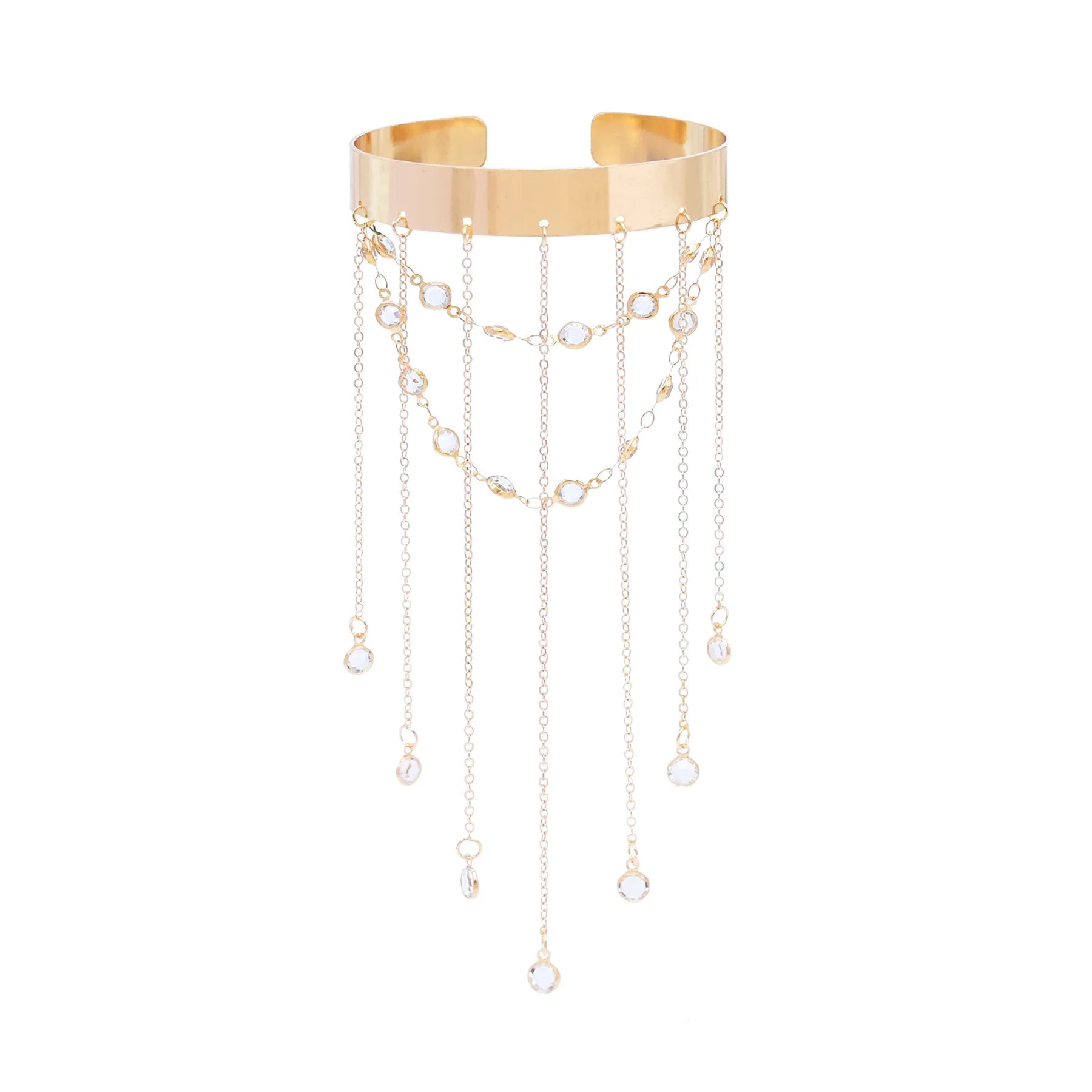 Gold Plated Metal Crystal Tassels Bracelet Versatile Fashion Cuff Armlet with Stripes Opened Design Jewelry Accessory