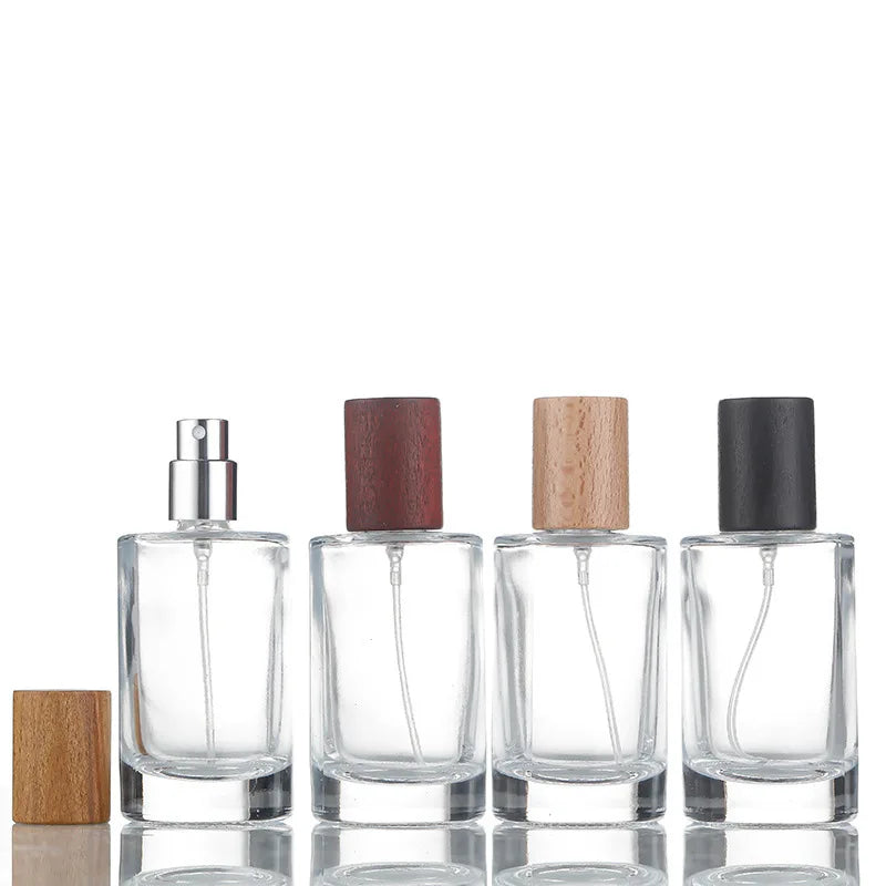 Round Empty Clear Fragrance Glass Perfume Bottle 30ml 50ml Perfume Spray Glass Bottles with Wooden Cap