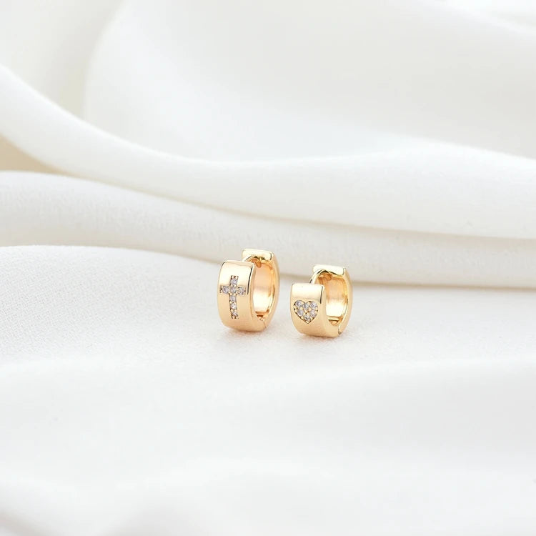 Trendy Design 14K Gold Plated Round Shape Heart Cross Pattern Small Hoop Earrings