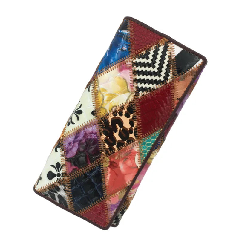 Large Capacity Multi Purpose Women's Ethnic Style Leather Stitching Long Women's Wallet Coin Purse Clutch