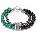European Fashion Men's Bracelet with Two Rope Chain and Natural Map Malachite Bead Gift Jewelry