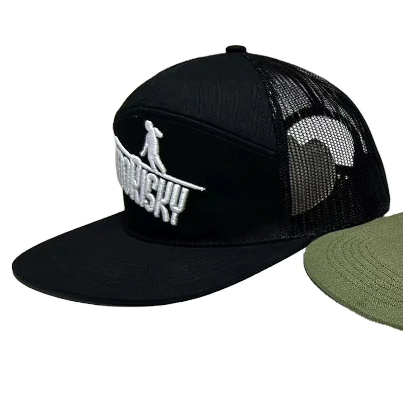 New Design Custom Embroidery Acrylic Flat Brim Youth Trucker Hat Black 7 Panel Snapback Hat