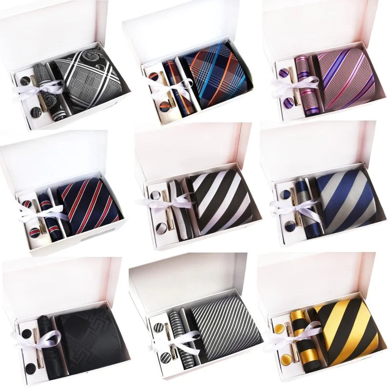 Fashion Stripe Neckties With Pocket Squares Custom Men Ties and Hanky Set Tie Clip Pocket Square and Cufflink Set Gift Box
