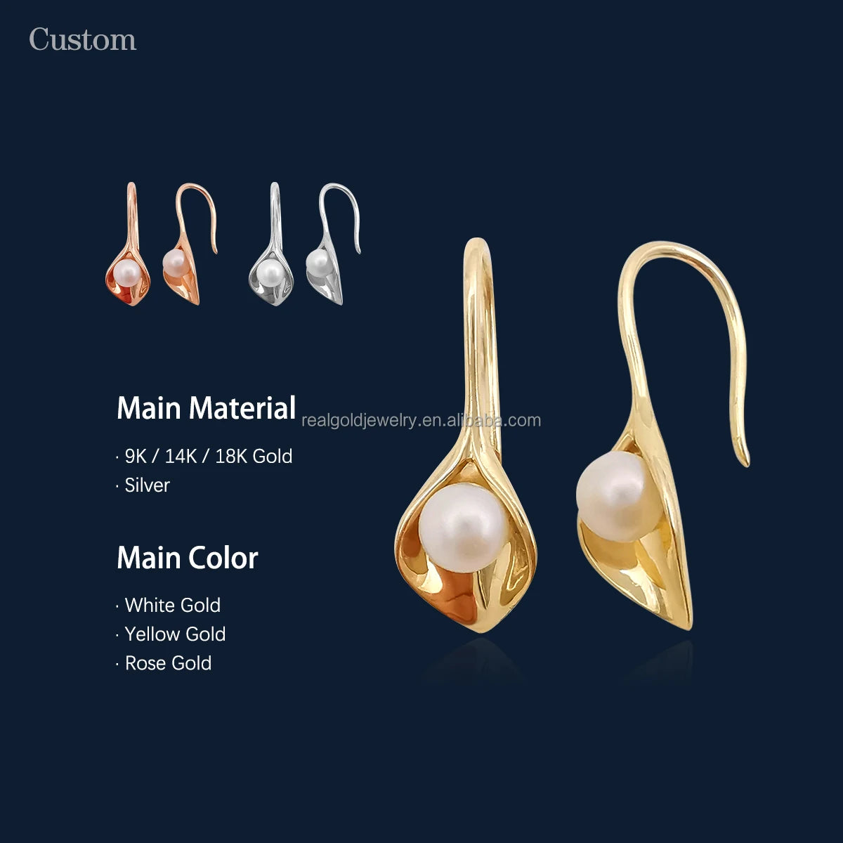 Real 14K Gold Lily Flower Earring Fashion Freshwater Pearl Flower Shaped Hook Earrings Trendy Solid Gold Jewelry Earrings
