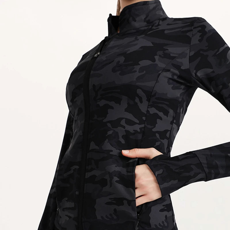 Horse Riding Workout Jacket Clothing Slim Fitting Full Zipper Quick Dry Women Long Sleeve Shirt Equestrian Camo Jacket