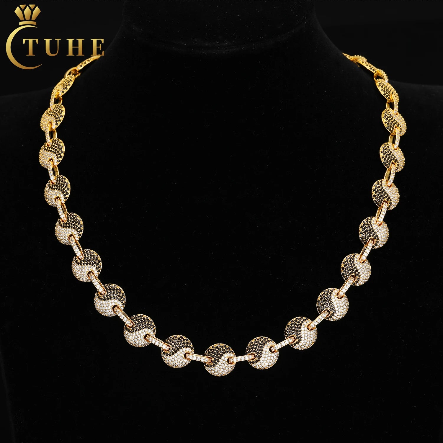 Fancy Design Fashion Hip Hop Jewelry 12mm 18K Gold Plated Brass Full AAAAA CZ Diamond Bless Bagua Link Chain Necklace