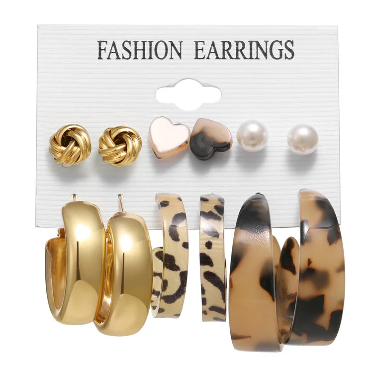 VKME Fashion Bohemian Pearl Hoop Earrings Set for Women Mixed Designs Leopard Tassel Stud Earring Jewelry