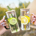 400ml Empty Bamboo Lids Square Borosilicate Glass Eco Friendly Transparent Water Bottle with Easy Open End Straw