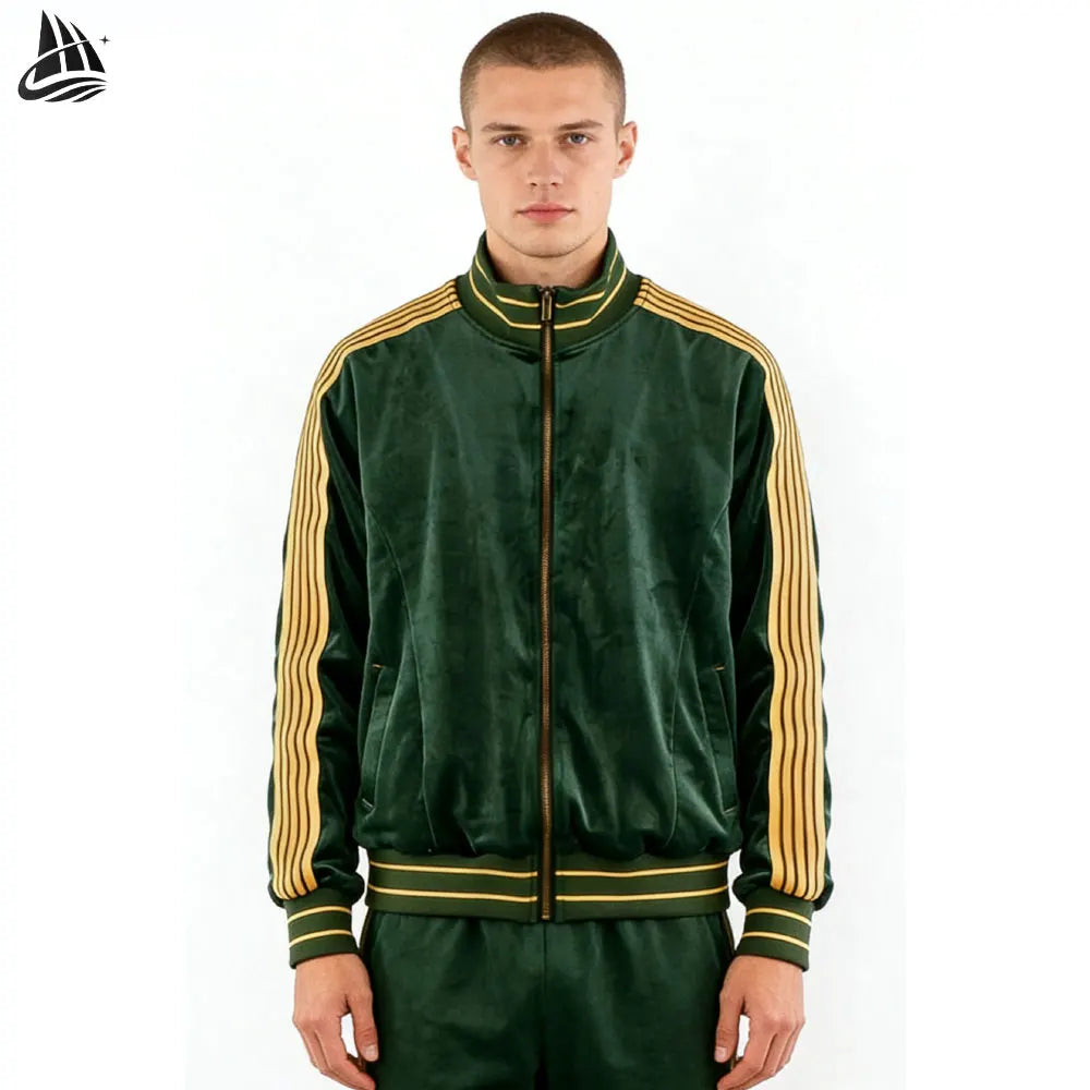 Custom High Collar Full Zip up Side Stripe Velvet Velour Track Jacket for Men