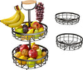 2-layer Fruit Basket with Double Banana Tree Hooks and Wooden Handles Metal Wire Basket for Kitchen Countertop