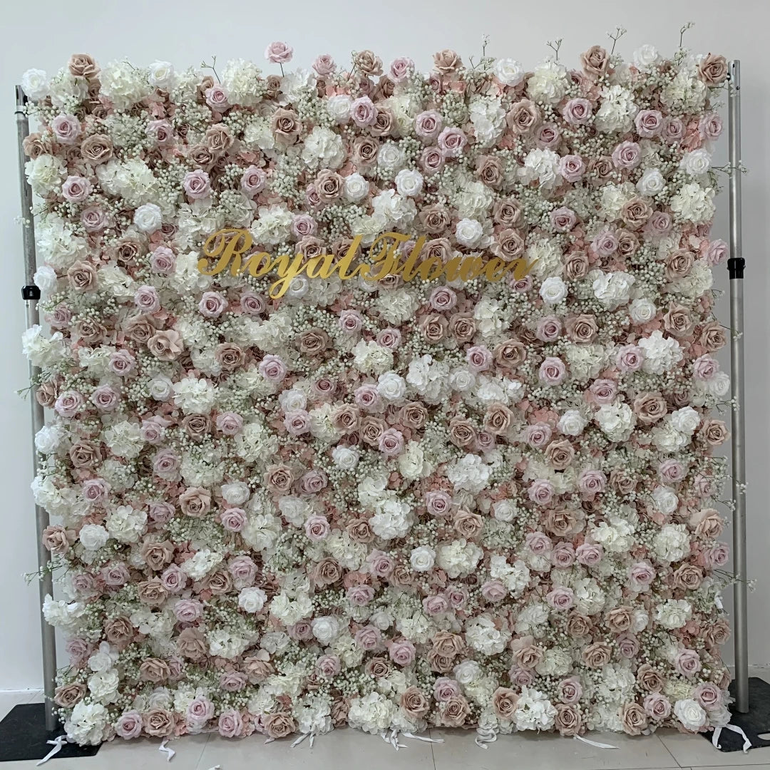 OEM 2 Piece 3d 5d Roll up Flower Wall Backdrop Wedding Rose Backdrop Fabric Floral Wall Panel Wed White Flower Wall