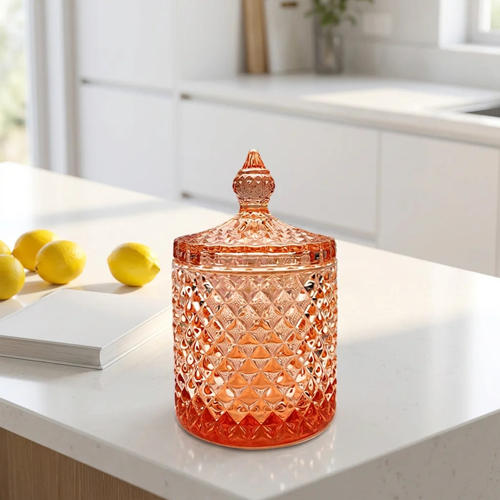 Empty Elegant Glass Candle Jars with Glass Lid Orange Candlestick Glassware for Home Decoration