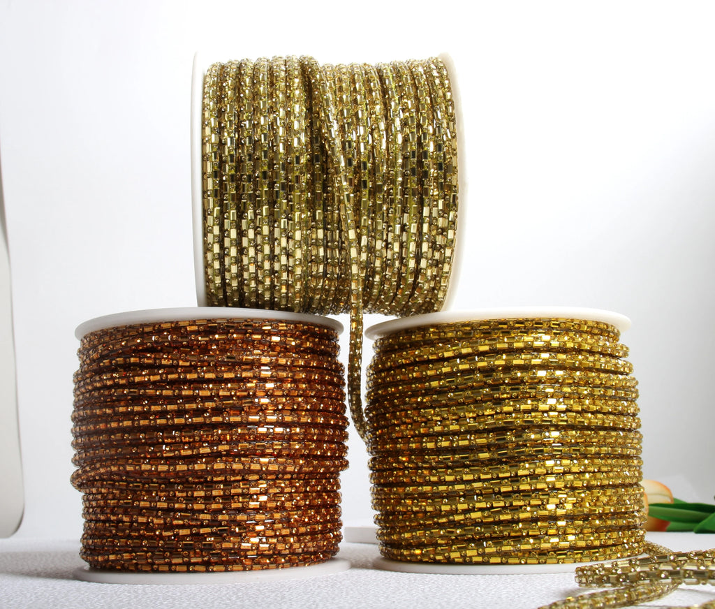 Yellow 2.5*5mm Glass Pattern 3D Rhinestone Rope 6mm Flash Rhinestone Hose for Shoes Phone Cases Circular Stretch for Customizing