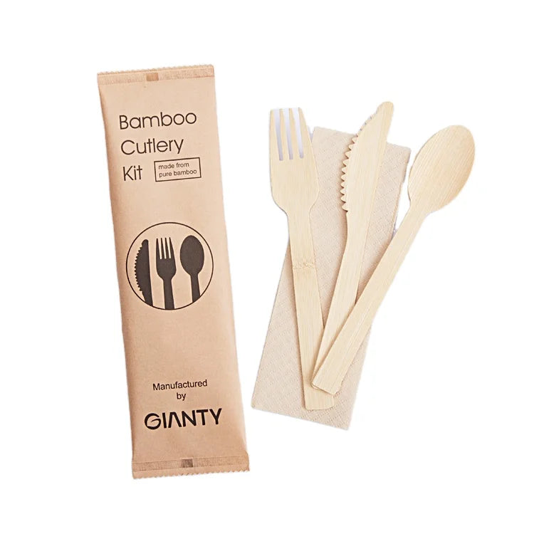 Disposable Bamboo Eco-Friendly Biodegradable Cutlery Set with Fork Spoon Knife Tissue and Napkin for Travel Use