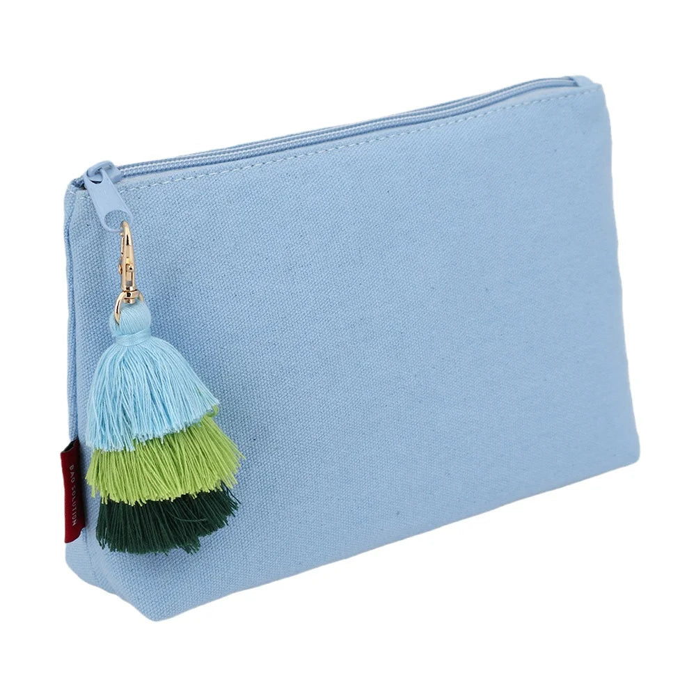 Eco-frendly Cotton Canvas Cosmetic Pouch with 3 Layer Cotton Tassel Decorated with Colorful Tassel Wash Toiletry Pouch for Lady