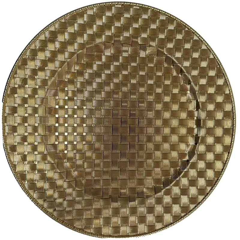 Embossed Rims Charger Plates Plastic Wedding Plates 13inch Stock Weaving Acrylic Antique Gold Charger Plates